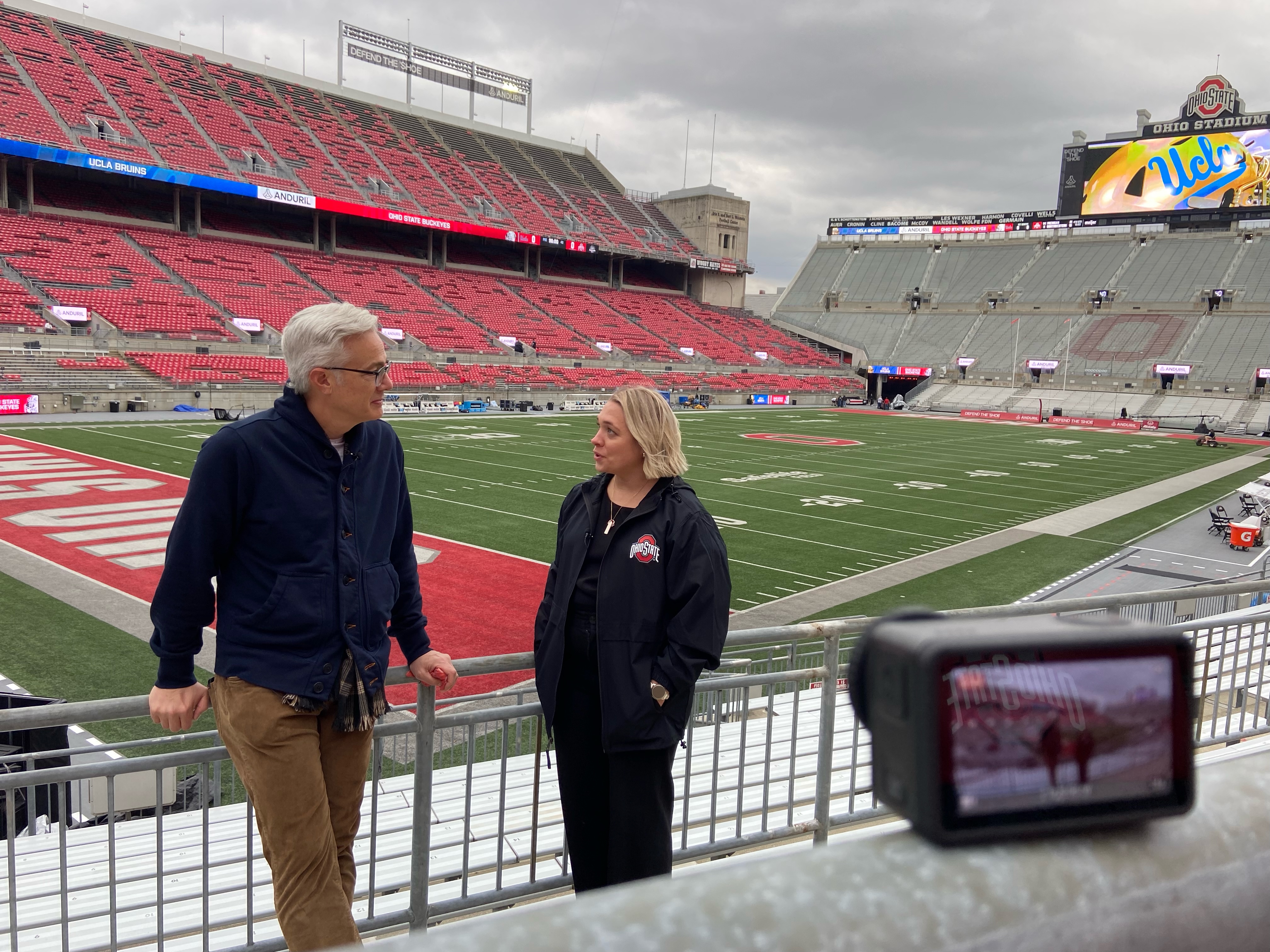 Mary Leciejewski being interviewed at Ohio Stadium.