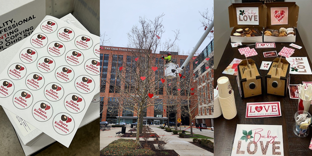 Collage of BuckeyeLove items like stickers and paper hearts.